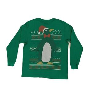 Dec.25th Mens Christmas Thermal Shirt Size XL Green Penguin Santa Hat